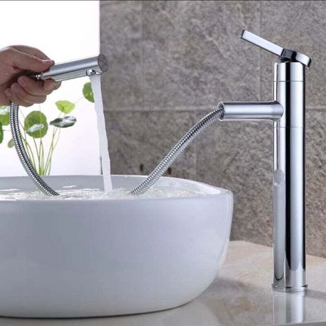 Bathroom Faucet, 360° Swivel Basin Mixer Tap, High Spout, Extendable, Suitable for Washbasin, Chrome Brass Basin Mixer Tap - MUMU Basin Faucet (1/4)