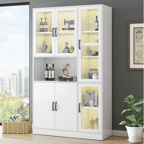Vetrina 120x40x200 cm in MDF bianco con LED e contenitore per soggiorno - MEUBLIV (1/5)