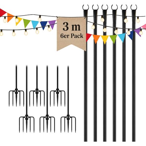 Relaxdays Lichterkettenstange 6er Set, 3m, Garten, outdoor, Lampenmast, 2-in-1, Boden & Zaun, Light Pole, Eisen, schwarz (1/5)