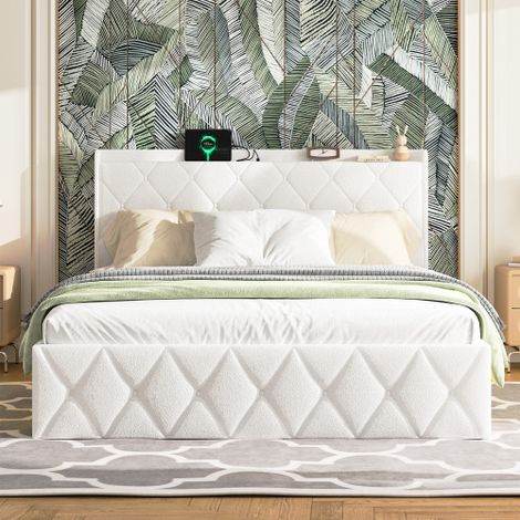 Letto imbottito 140 x 200 cm, tessuto felpato bianco, letto matrimoniale con funzione di ricarica USB, dotato di striscia luminosa a LED, con 6 pratici cassetti, portata massima 800 libbre, senza mate (1/5)