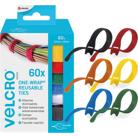 VELCRO Brand  ONE-WRAP  Cinghie Organizzatrici con Gancio e Asola  Legami Riutilizzabili in Assortimento per la Gestione di Cavi a Casa e in Ufficio  Multicolore  12 mm x 20 cm  Confezione da 60 (1/4)