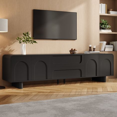 Meuble TV 180 x 40 x 46 cm noir en MDF et panneau de particules, 4 portes et 2 tiroirs, passages de câbles, bords arrondis, rangement moderne pour salon – CHICFURN (1/5)