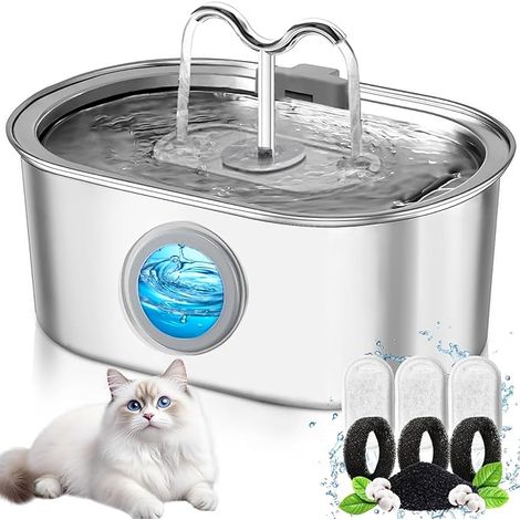Fontaine pour Chat en Acier Inoxydable 3.2L, Distributeur d'eau Automatique pour Chat avec Éponge et Filtre à Charbon pour Chats, Chiens, Animaux (1/5)