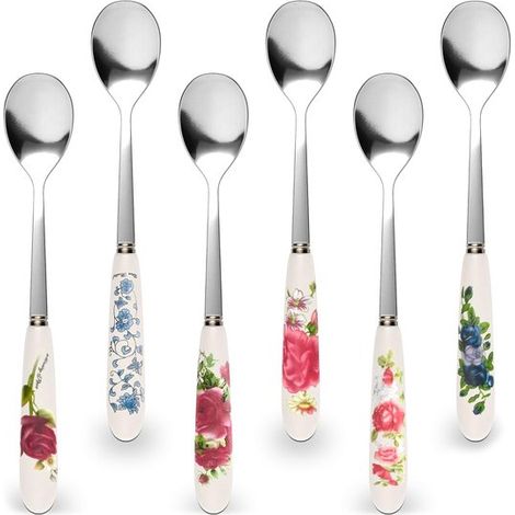 Set de 6 cuillères à café – Acier inoxydable – Poignées céramique – Design floral – Boissons chaudes (1/5)