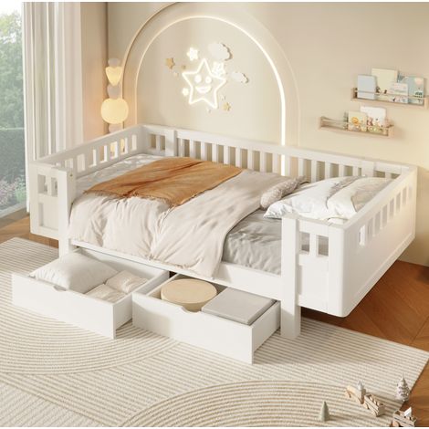 Cama infantil 90x200 cm blanca de madera maciza y MDF con barrera alta y 2 cajones (1/5)