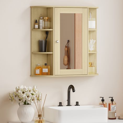 Mobiletto da bagno con specchio, pensile a muro con ripiani a giorno, 66x17x63 cm, colore naturale.