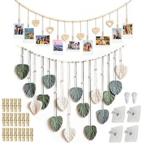 tentures murales en macramé - Décoration murale avec pinces en bois et feuilles en macramé - Décoration murale tissée pour chambre à coucher, salon (1/5)