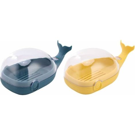 Jabonera de 2 piezas con forma de ballena, tapa transparente abatible, caja de almacenamiento de jabón a prueba de polvo y agua, soporte de plástico para jabón de baño (1/5)