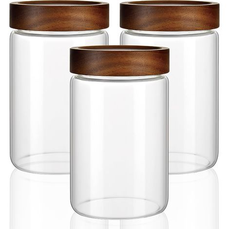 Ensemble de 3 bocaux avec couvercle, hermétiques, 850 ml, petits contenants en verre avec couvercle en bois à spirale, pour céréales, thé, grains de café, pâtes, farine, Overnight Oat (1/5)