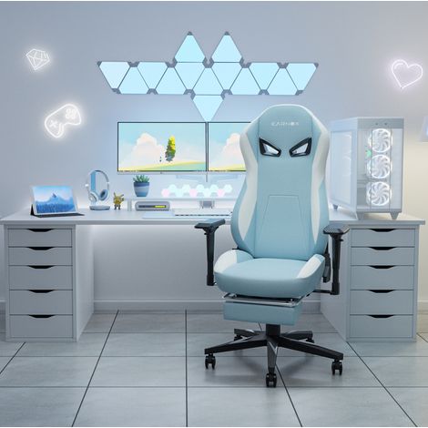 Silla gaming ergonómica de tela con reposapiés, respaldo alto, azul claro (1/5)