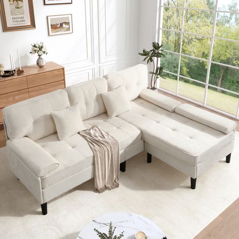 Sofá modular en L de 3 plazas con chaise longue móvil de chenilla 195 cm beige claro OKWISH (1/5)