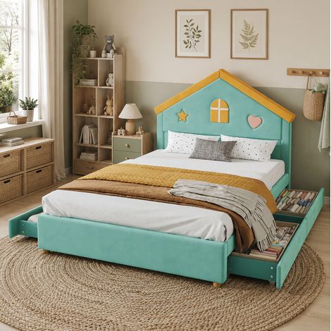Cama infantil tipo casa 207.5x147x126.5 cm con 4 cajones, tapizada, terciopelo azul verdoso (1/5)