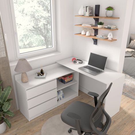 Escritorio esquinero MAJA 130 cm blanco mate con 3 cajones (1/4)