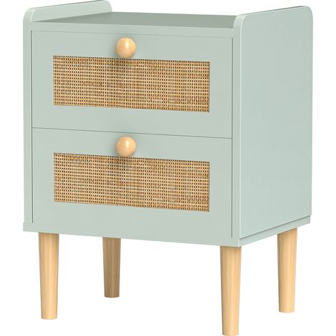 Table de chevet 2 tiroirs effet rotin naturel, cadre bois, 39,8 x 30 x 52,5 cm, vert olive (1/5)