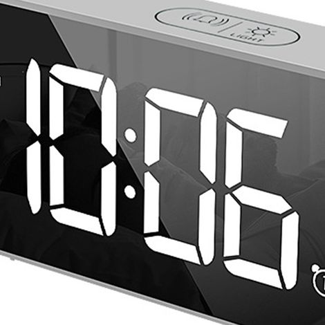Kreativer, multifunktionaler elektronischer Wecker, eleganter Wecker, geräuschloser LED-Spiegelwecker, Nachttischwecker, Silber (1/5)