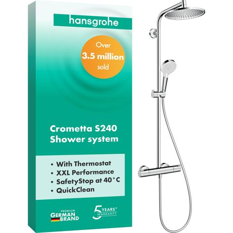 hansgrohe Crometta S 27267000 Colonne de douche avec mitigeur thermostatique, douche à effet pluie 240 mm avec robinet, douchette, support, flexible de douche, barre et pomme de douche ronde 1 jet, Ch (1/5)