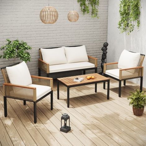 Gartenlounge-Set, Gartenmöbel Set mit bequemem Kissen, Doppelsofa ,2 Sessel und Tisch, Outdoor, Rattan, Tisch und Stühle, Beige