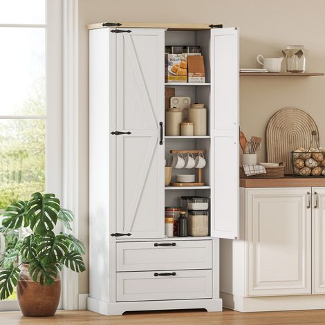 Buffet haut cuisine. armoire de cuisine avec 2 portes. 2 tiroirs. étagères réglables. style rustique. 76x40x180cm. blanc