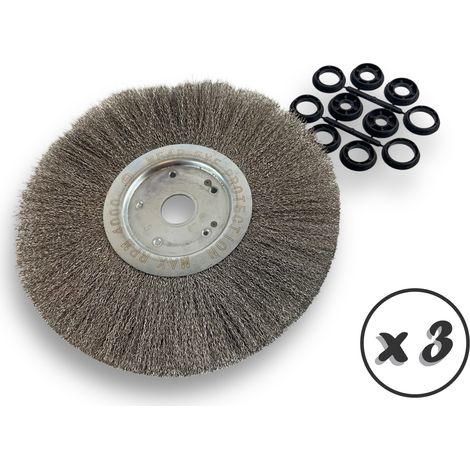 Lot de 3 brosses circulaires INOX  Ø 300 mm  Epaisseur 1 rang  Fil dur 0.30 mm ondulé  Alésage 32 mm + réducteur bague 25/22/20/16/12 mm  Touret affûteuse ponceuse  Kibros 211301ITx3 (1/5)