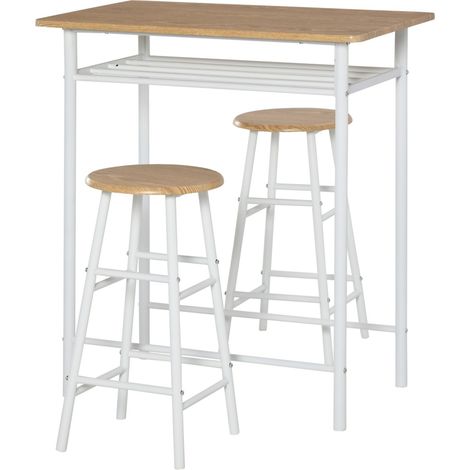 Ensemble table de bar 80x50x90cm (3 pièces) - MDF/acier blanc + chêne - 2 tabourets avec étagère (1/5)