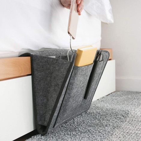 Sac de Rangement de Chevet, Feutre Poche de lit,Organiseur pour lit,Poche de Lit Sac de Rangement pour Téléphone Télécommande, Magazine, Lunettes, Livre, Pad (Gris foncé) (1/4)