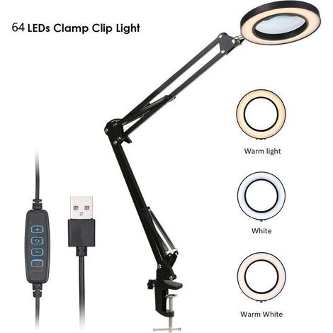 Clip-on desk magnifier, LED, 5x magnification, adjustable brightness, 3 colors, color temperature control, desk lamp, USB powered, with flexible stand (1/5)