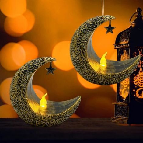 Bougeoir Ramadan LED 2 pièces en métal avec design étoile et lune lampe décorative LED Décoration pour Ramadan et Eid (1/4)