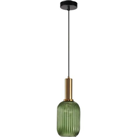 Lampe suspendue, suspension en verre vert avec douille de suspension en cuivre doré (1/5)