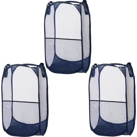 Cesta de lavandería plegable de malla azul (paquete de 3): cesta plegable, duradera y fácil de abrir con asas para ropa sucia, ropa sucia y juguetes infantiles.