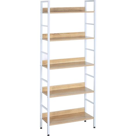 Woltu – Étagère de rangement en acier et bois 5 tablettes 60x27,5x160cm – Capacité 20kg par tablette – Style moderne blanc et chêne clair