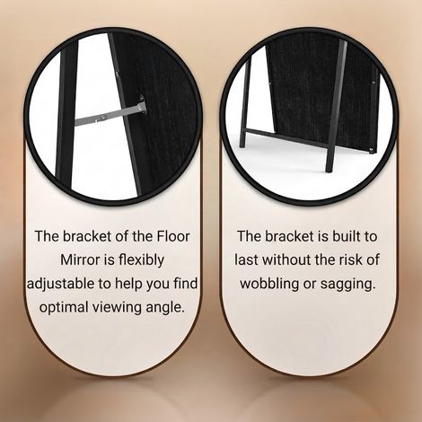 VVBV Miroir sur pied, 160 x 50 cm, support réglable, cadre en bois, bois et métal, noir (1/5)