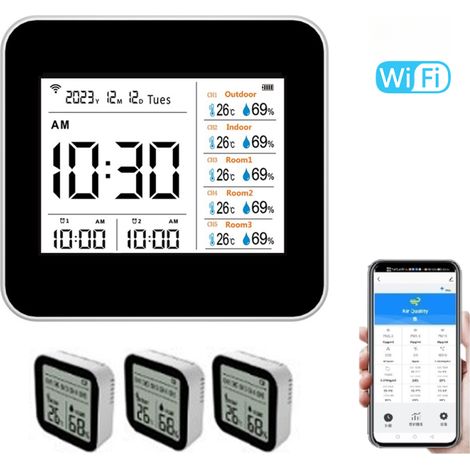 Thermomètre 13-en-1 – T°/HR, appli, heure/calendrier/alarme, maison/bureau (1/5)