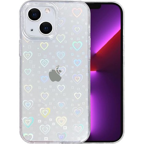 Coque Pour iPhone 13 - Matériau TPU Souple Et PC Rigide - Protection Antichoc - Motif Cœur Transparent Avec Paillettes Laser - 1 Pièce (1/5)