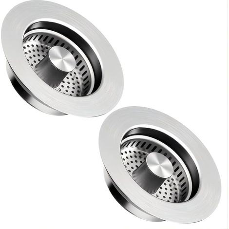 Lot de 2 filtre d'évier de cuisine et bouchon de lavabo pour une profondeur 40 mm, trou d'évier 75-86 mm, 3 en 1 Pop-Up Bouchon de vidange en acier inoxydable (1/5)