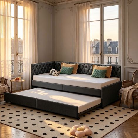 Schlafsofa mit ausziehbarem Bett - 2 separate Betten 90x200 - Grauer Samt - Gepolsterte Rückenlehne - Lattenrost (1/5)