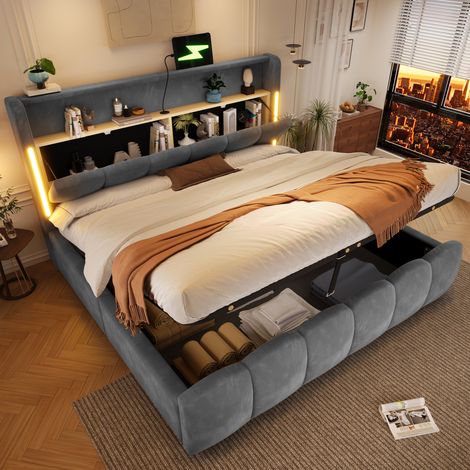 Letto matrimoniale contenitore LED velluto 180x200 OKMYHOME (1/5)