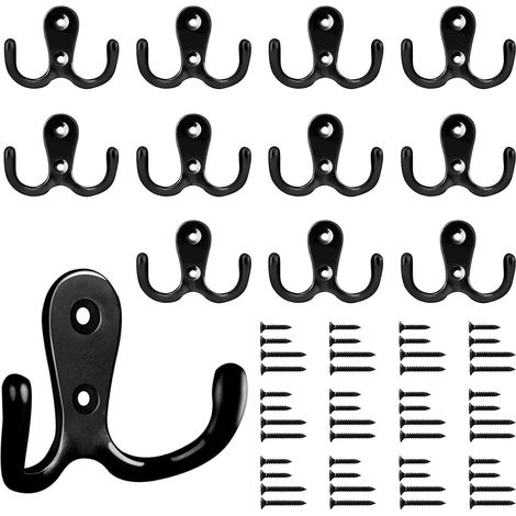Bolatus 12 ganci appendiabiti a doppio gancio da parete in metallo vintage con 24 viti per appendiabiti da bagno e cucina (nero) (1/5)