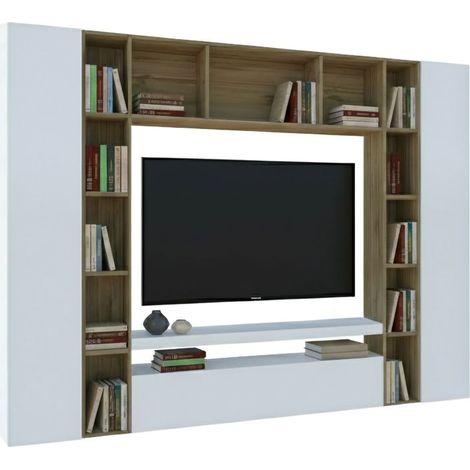 Dmora - Pared Equipada Ddragon, Conjunto de salón Mueble TV con 3 puertas, Mueble de salón polivalente, 100% Made in Italy, cm 270x35h210, Blanco brillo y roble