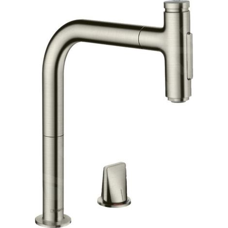 hansgrohe Metris Select M71 Mitigeur de cuisine monocommande 2 trous 200, douchette extractible, 2 jets, finition acier inoxydable (1/5)