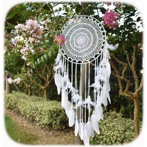 BUNTHAUS Grand capteur de rêves dans Boho Style, blanc Plume, Macramé, Tenture murale Vintage de Mariage ou de Heimdekoration, 35 cm de Cercle, 115 cm de long, Blanc (1/5)
