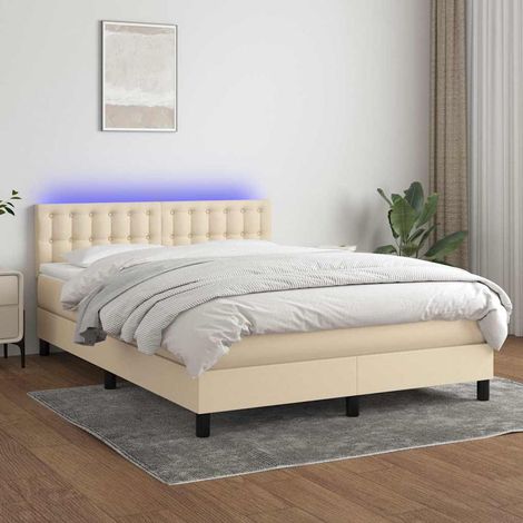 Cama box spring colchón y luces LED tela crema 140x190 cm (1/5)