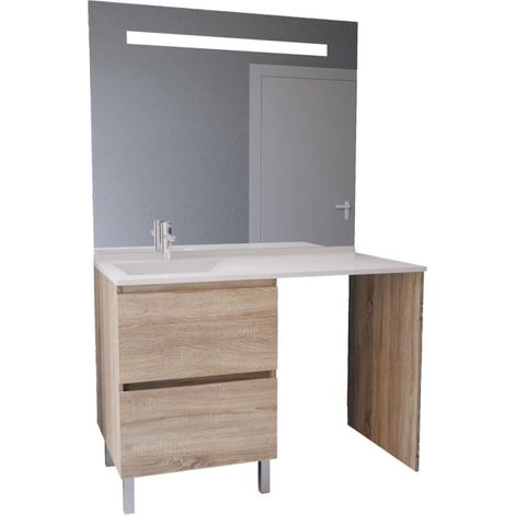 Meuble lave-linge IDEA, plan vasque déportée + Miroir Elégance h105- Bois- Vasque à gauche