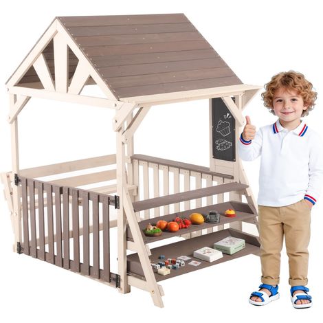 Cabane jardin enfant en bois gris 147,5x114x156cm toit étanche rambarde, étagère rangement plantes jouets pour plus de 3 ans (1/5)