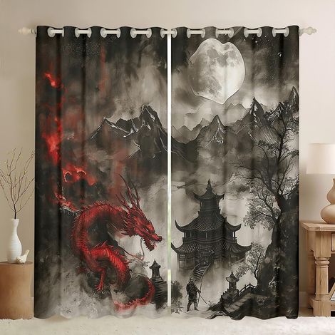 Rideau japonais Samurai pour chambre à coucher, Loong Rouge Animal Sauvage Imprimé Fenêtre Rideau pour Filles Adolescents, Lune Montagne Gris Peinture Décor Microfibre Fenêtre Traitement - 245x140cm ( (1/5)