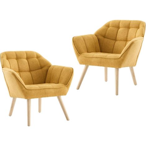 Akzentstuhl Sessel 2er Set, gepolsterter Lesestuhl mit Holzbeinen, gelb (1/5)
