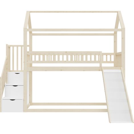 Letto a soppalco per bambini 90 x 200 cm con scivolo e scala contenitore, legno naturale (1/5)