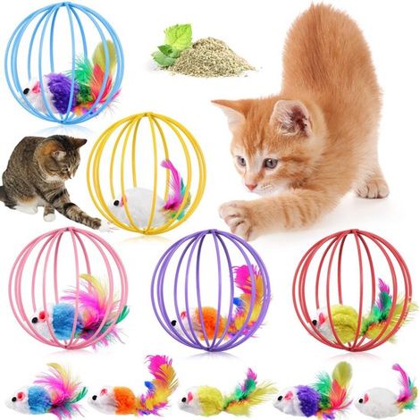 Lot de 5 pièces - Balle à ressort pour chat - Balle extensible à rouler - Jouets pour chat - Souris en peluche réaliste - Jouet spiralé coloré, amusant et interactif - Souris en cage - Cage en métal - (1/5)