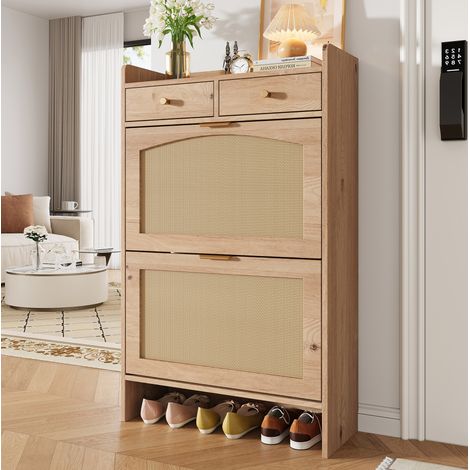 Zapatero moderno con 2 puertas abatibles y 2 cajones, efecto madera natural, 65 x 25 x 106 cm (1/5)