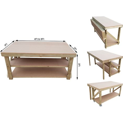 Wooden MDF Top Workbench With Extendable Working Surface, 4ft (120cm), Double shelf (1/3)