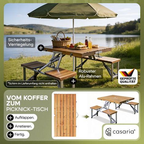 CASARIA® Campingtisch mit Stühlen Klappbar Tragegriff Schirmhalter 4 Personen Picknicktisch Koffertisch Klapptisch Campingmöbel Set Leicht Holz